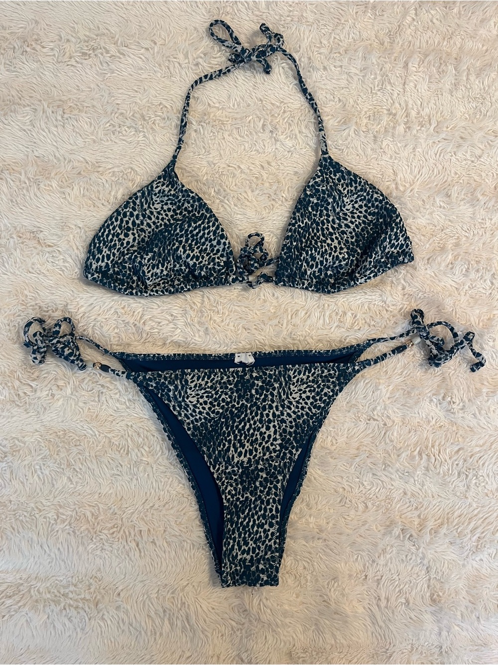 Leopard Print Triangle Bikini Set - Black and Cream
